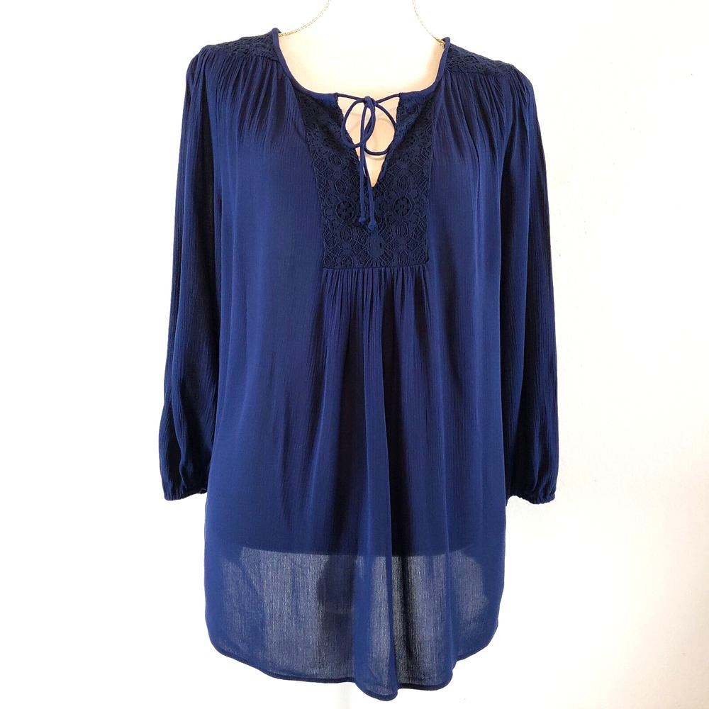 St. John's Bay Peasant Top SIZE M Blue Womens Boho Hippie Crochet 3/4 Sleeve